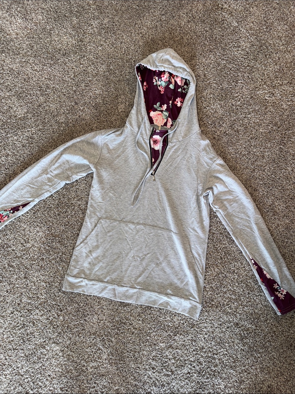 Women's Gray Hoodie with Maroon Floral Lining